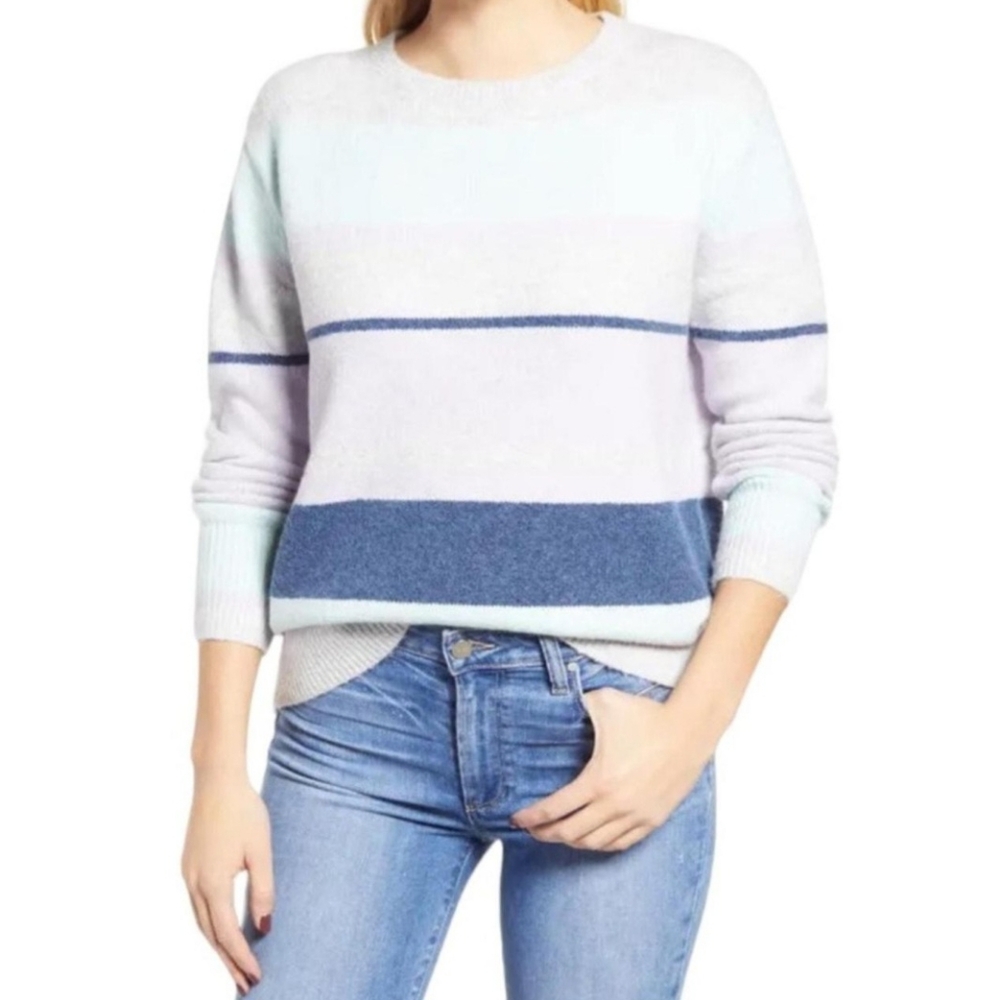 NWT Caslon Womens Size Large Purple Gray Colorblock Stripe Crewneck Sweater Cozy